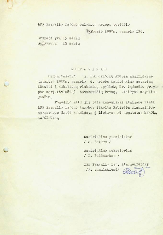 LPS Pasvalio rajono Saločių grupės posėdžio, įvykusio 1990 m. vasario 13 d., nutarimas